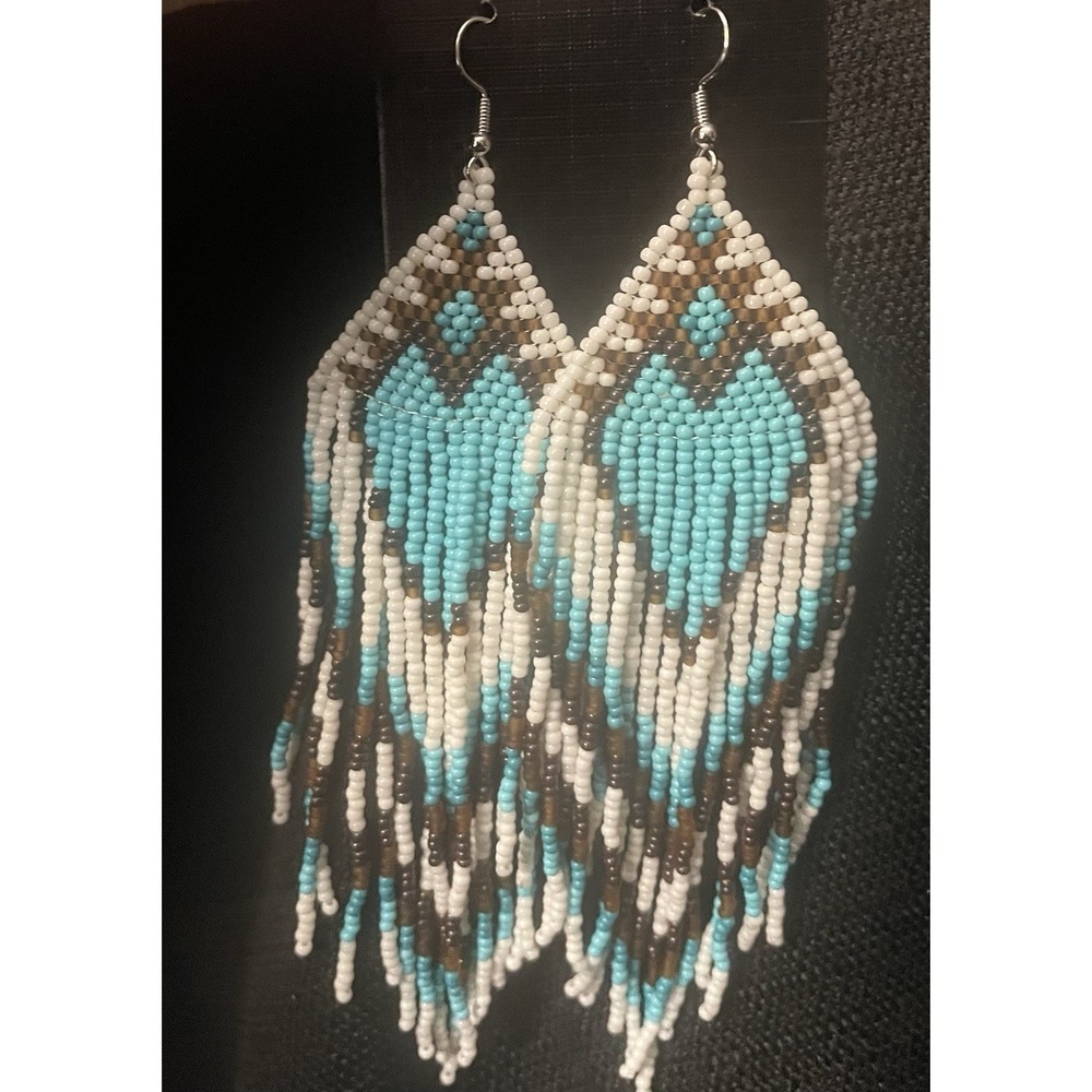 Boho Native Style Turquoise, White & Brown Heart Drop Earrings NWOT's